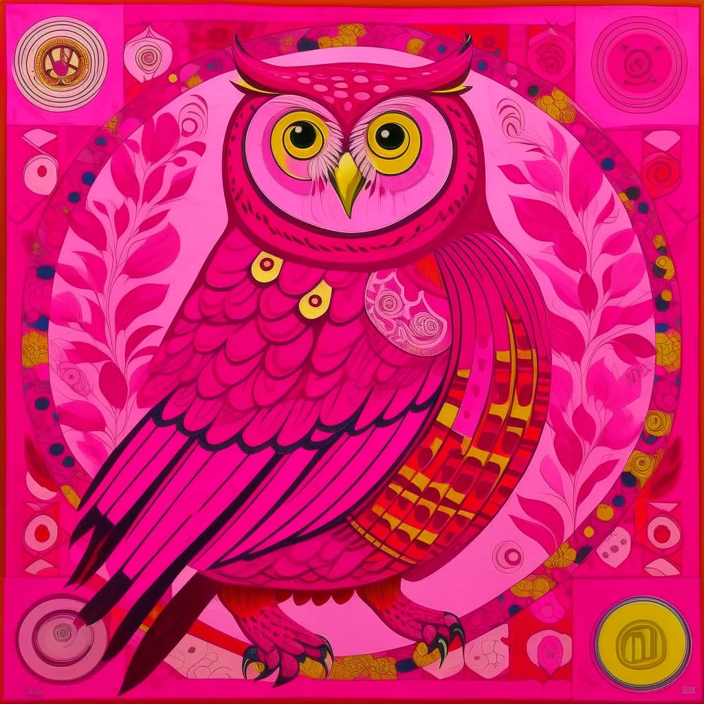 A magenta university with a psychic owl designed in ancient Greek mosaics painted by Qiu Ying