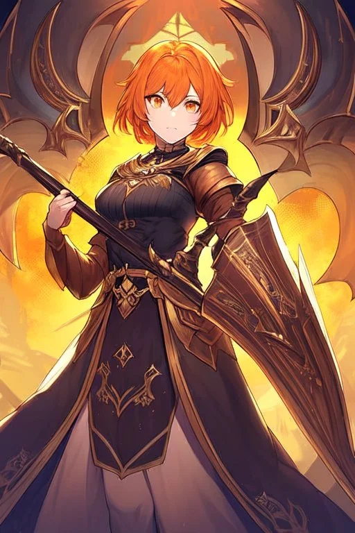 Dark Paladin, orange hair, orange eyes, scythe, standing in front of dark castle, Female