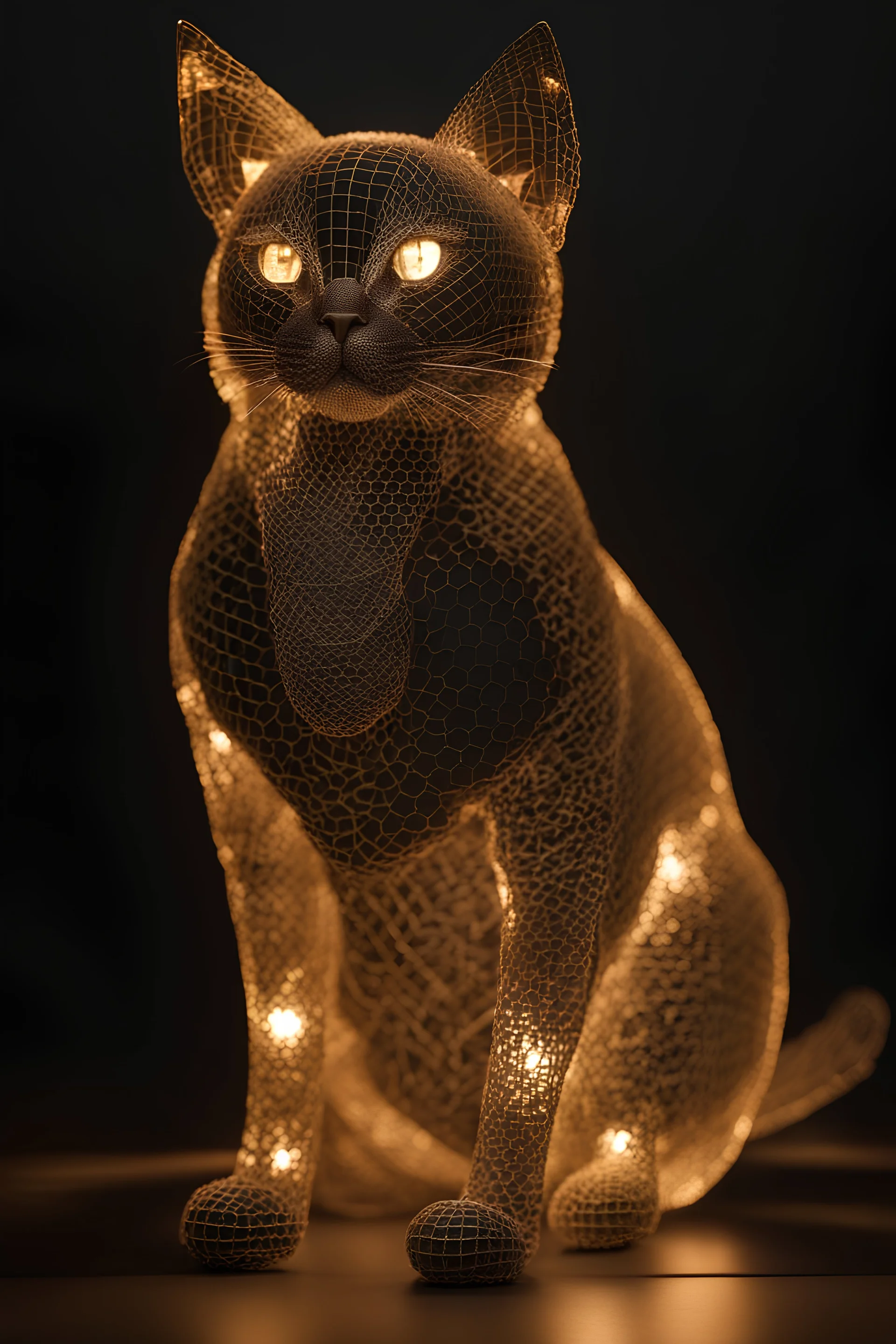 Chicken wire sculpture of CAT in the style of Edoardo Tresoldi, intricate, details, black dark background, studio lighting WITH PROJECTION MAPPING, HDRI PHOTOGRAPH.