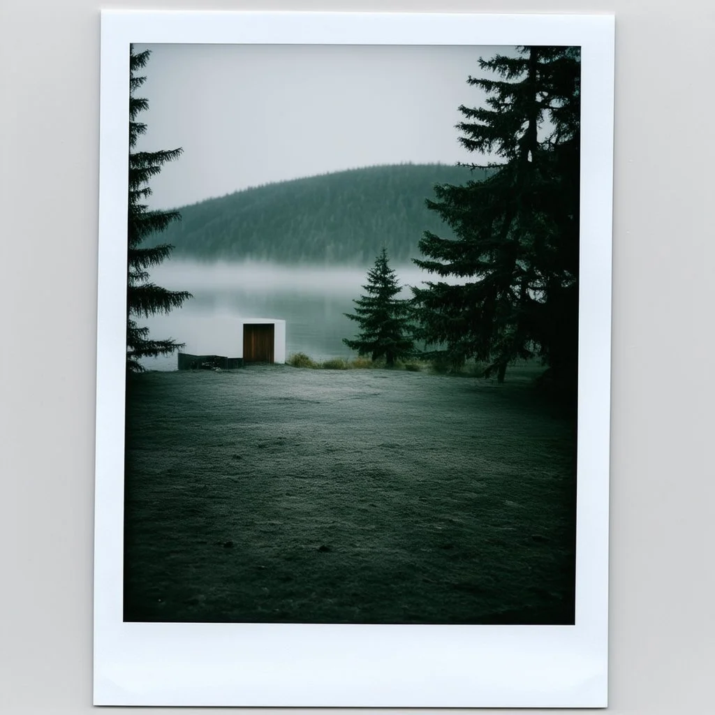 A polaroid photo of an odd room with structures. A transparent tarpaulin covers an image. There is a group of fir trees in the background and a high hill in the distance. A lake. The surface below is in a pastel color. Fog is present.