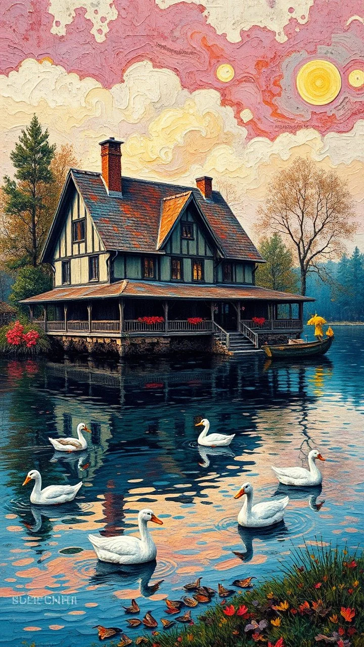 A big house on the lake with ducks in masterfully detailed, vibrant created with spatulated oil painting techniques, featuring thick, impasto strokes, grunge scratches, and deposit of saturated oil pigments in the style of Van Gogh.