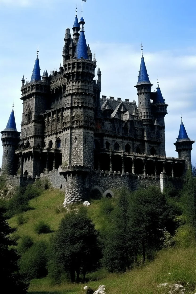 A black towering castle with a fortress designed in African masks painted by Claude Monet