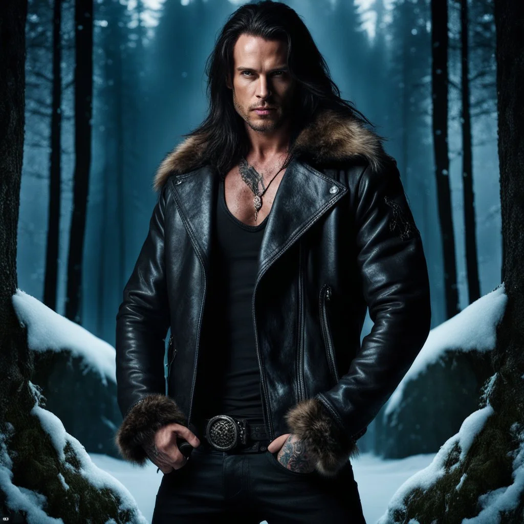 Handsome and muscular 30 year old mountain man with long hair and tattoos, wearing furry leather jacket, dark fantasy, snowy forest