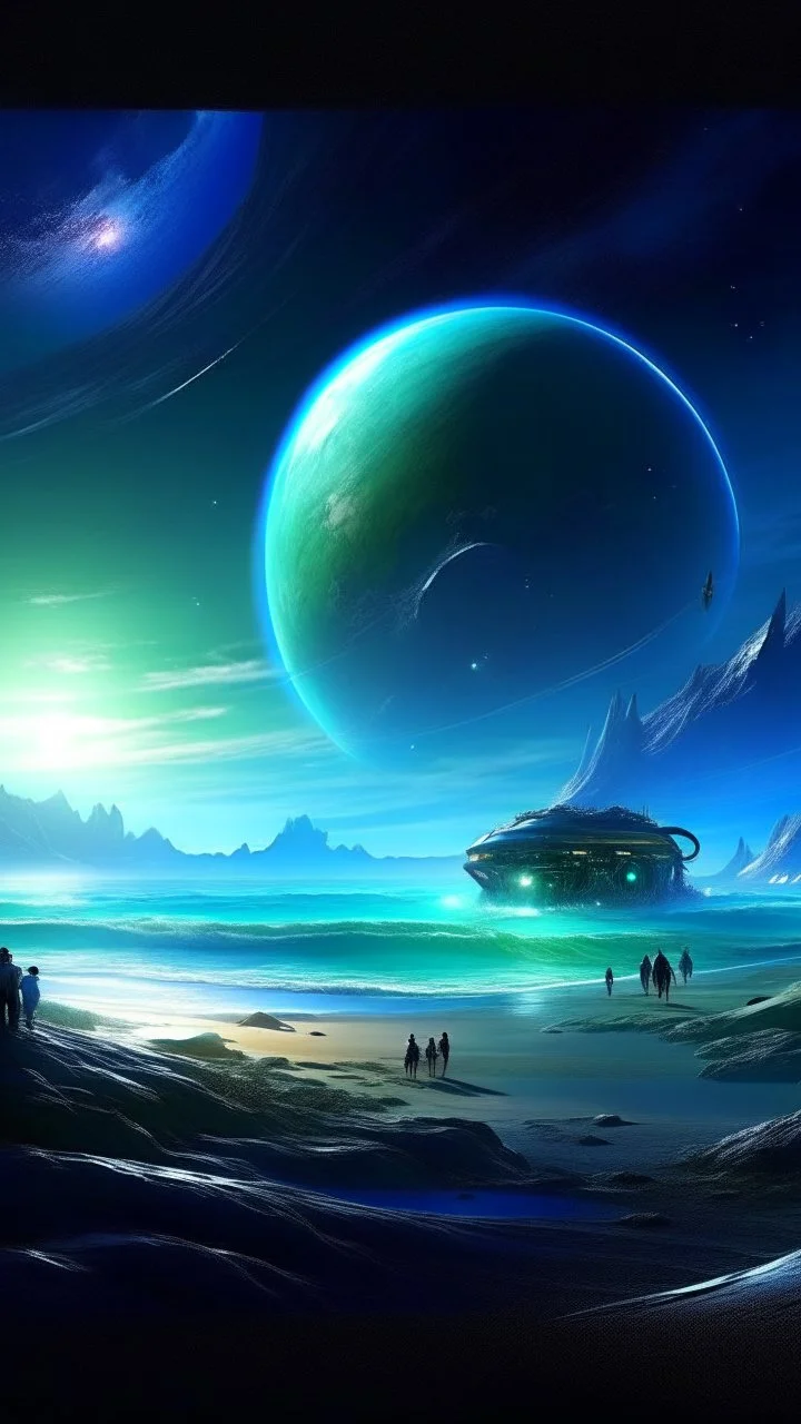 sci fi planet, space station, magical, northern lights, beach