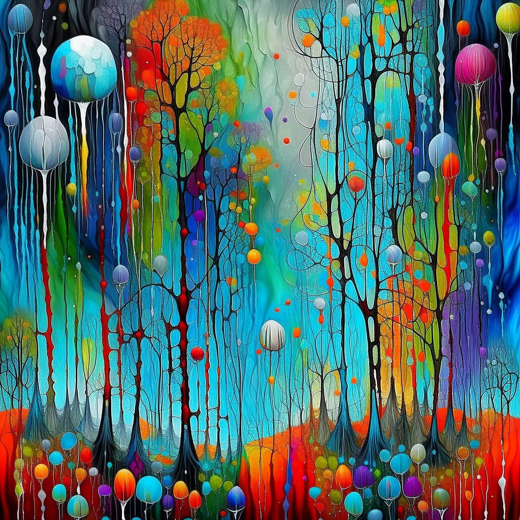 Grunge textured abstract impasto mixed media painting with dripping paint, fantastical otherworldly frozen winterscape with iridescent metallic colors, silver lines, by Andy Kehoe, Klimt, Joan Miro,Ton Dubbeldam, John Hoyland, Amanda Clarke. Reflective frozen pond, surrounded by whimsical, filigree, impressive frosted leaves standing tall on long stems; tendrils, grasses, cattails. Dramatic sky with stormy clouds. with mercury glass patina, glowing golden sparks, vibrant iridescent colours, psyc