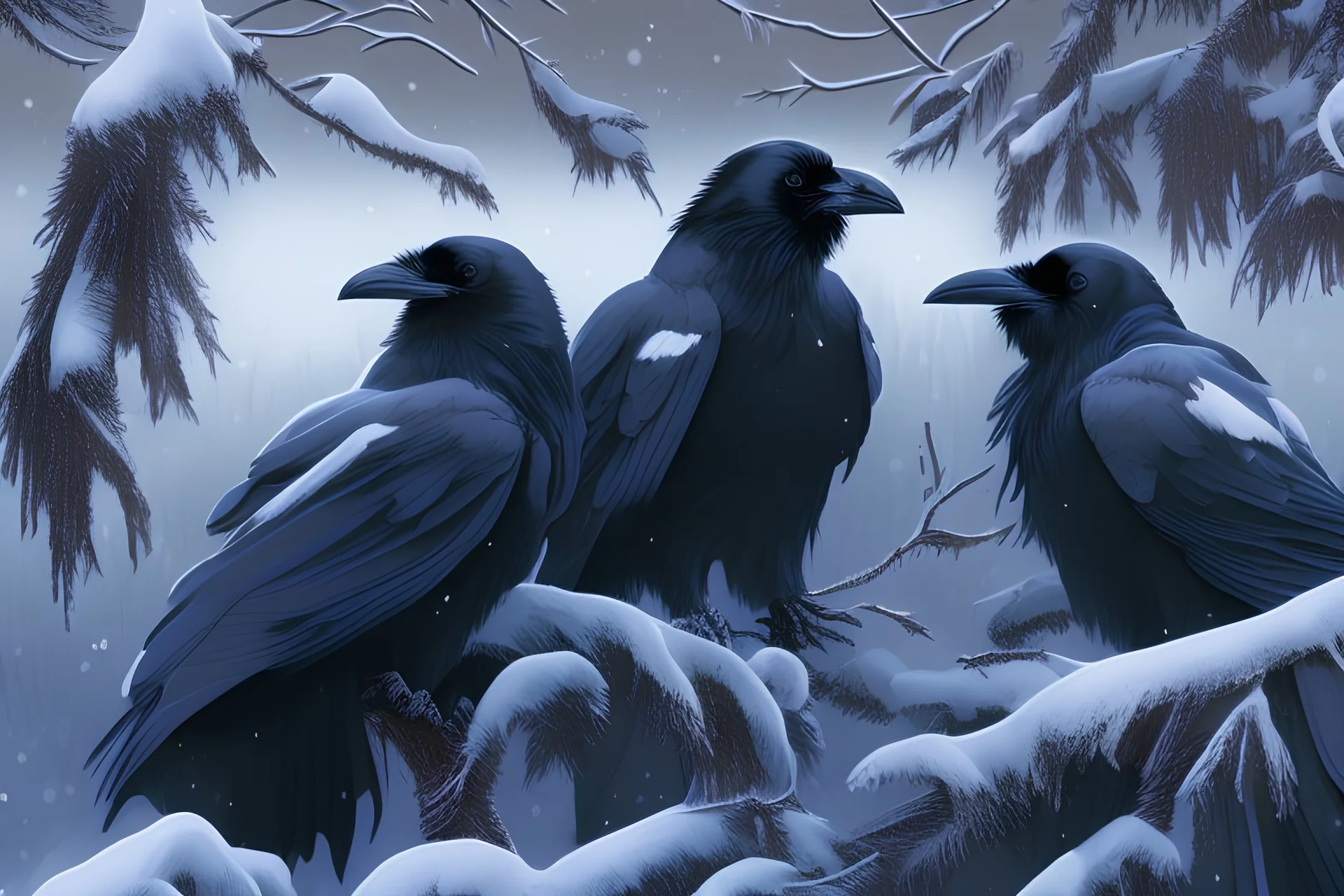 Ravens in winter, graphic novel style