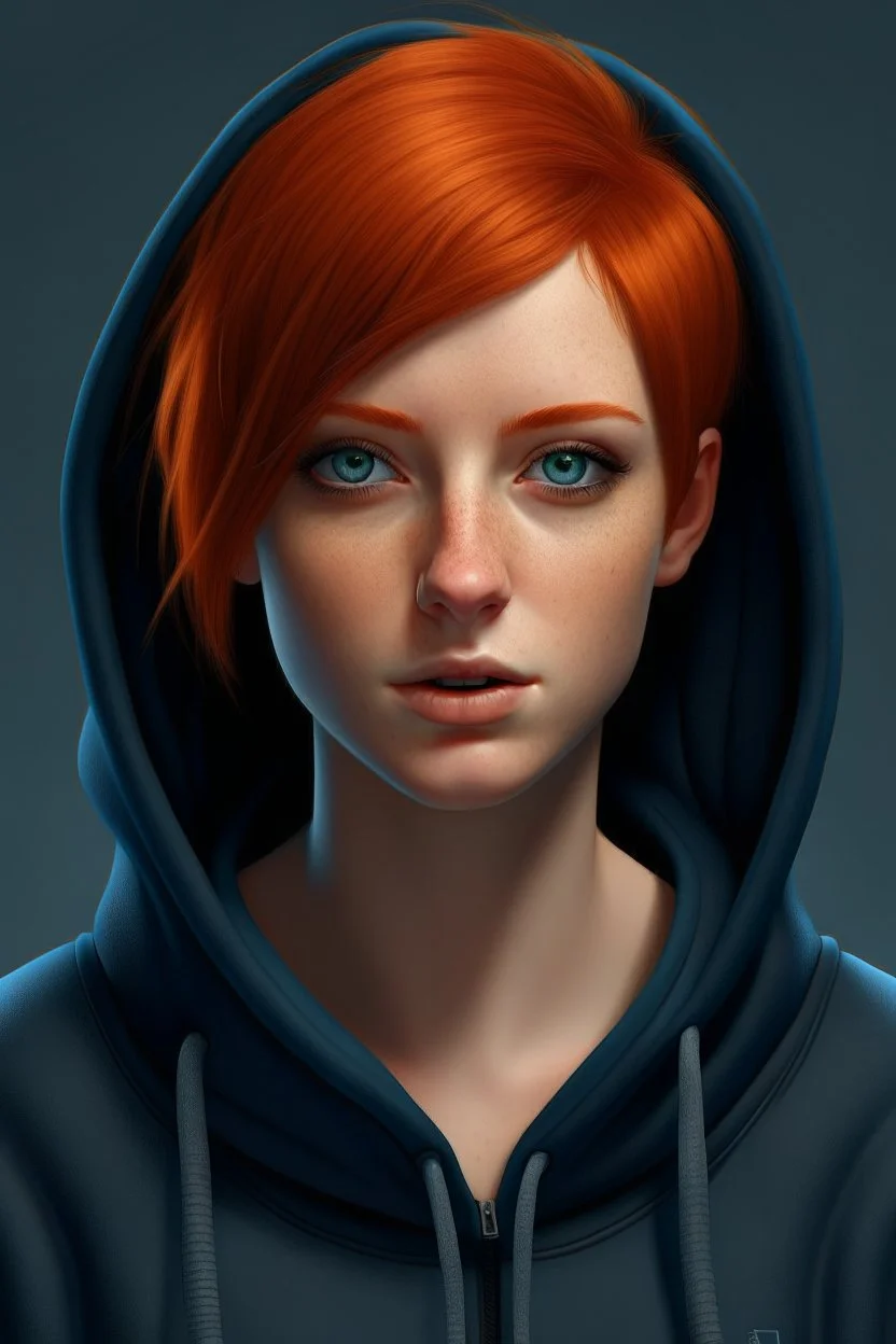 Woman with bright, short red hair, blue eyes, wearing a black hoodie, realistic