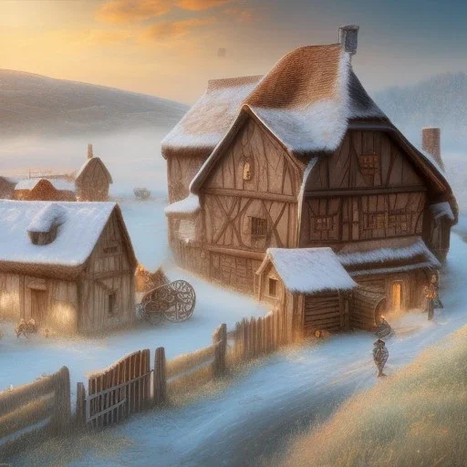 quaint fantasy medieval farming village in frost night with wooden buildings grasslands plains