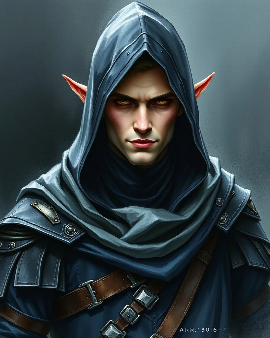 Watercolour painting character full body portrait of a half elf male shadow sorceror, dark armour and hood, smirk, creepy, charismatic, handsome, very dark shadowy background, creepy dark colours --ar 3:4 --v 6.1