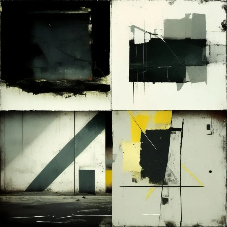 Minimal contemporary abstract oil paintings of desolate 1960s carpark with road markings and concrete fragments. Overlay with grungy typography graphics. style of Justin Mortimer and Francis Bacon.