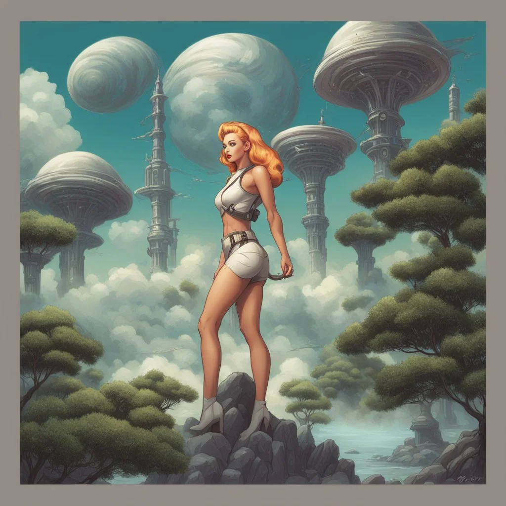 slim Sci-fi pin-up girl on an alien planet of cloud trees in the multiverse