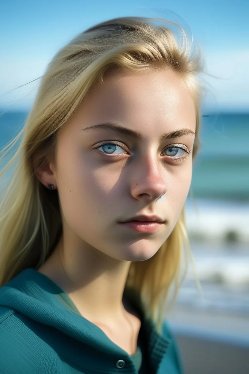 portrait of a 16 year old caucasian woman with and shaved blond hair, blue-green eyes, standing next to the sea