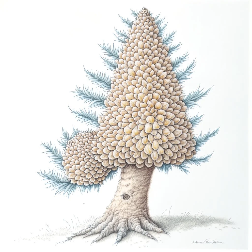 pinecone, tree, colored pencil drawing, realistic, serene, landscape, detailed