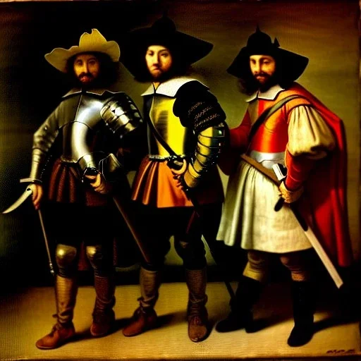 oil portrait of The Three Musketeers and d'artagnan with armor by Rembrandt 8k