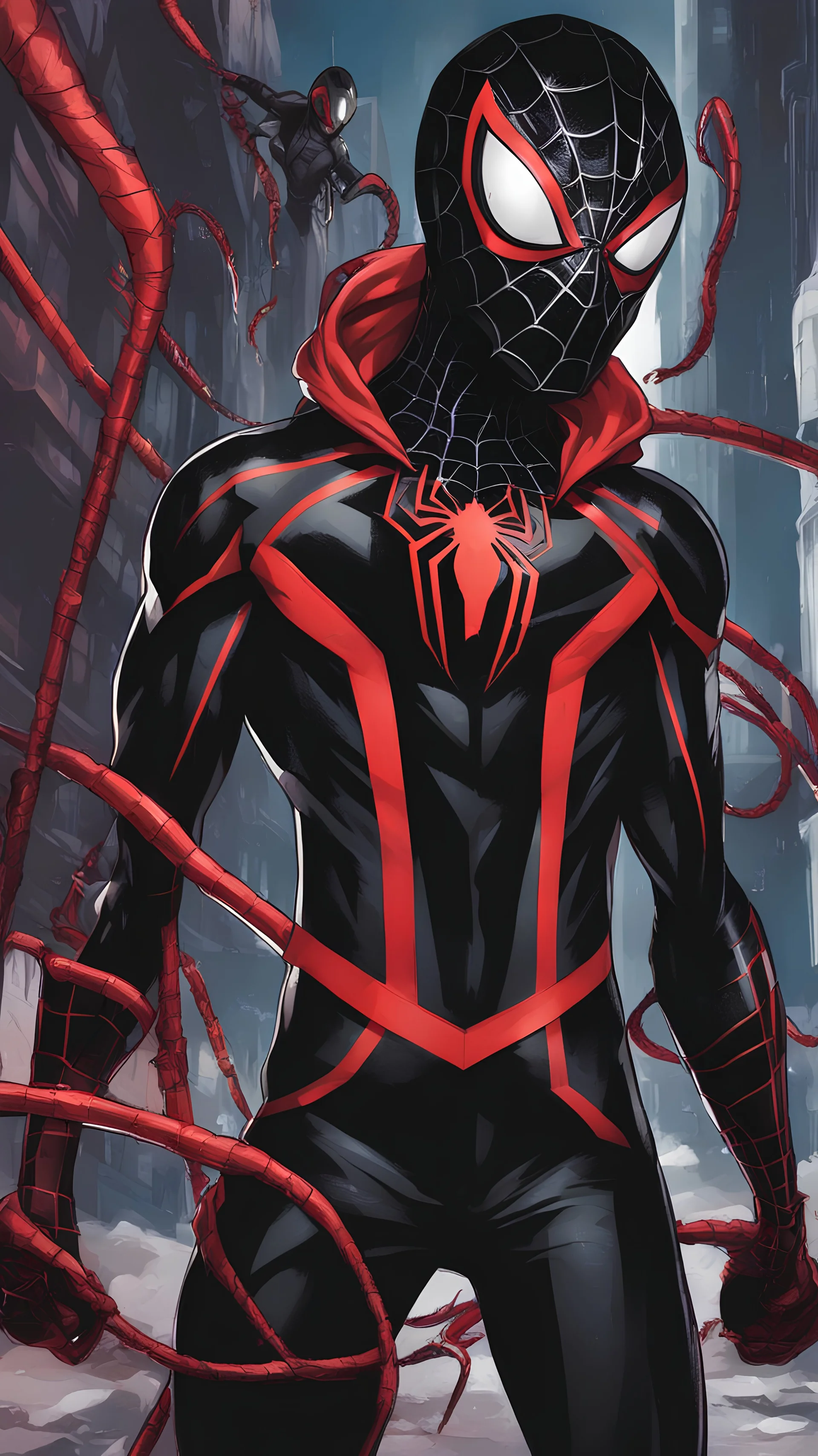 miles morales mix with venom symbiote in color Street artstyle, Street boy them, intricate details, highly detailed, high details