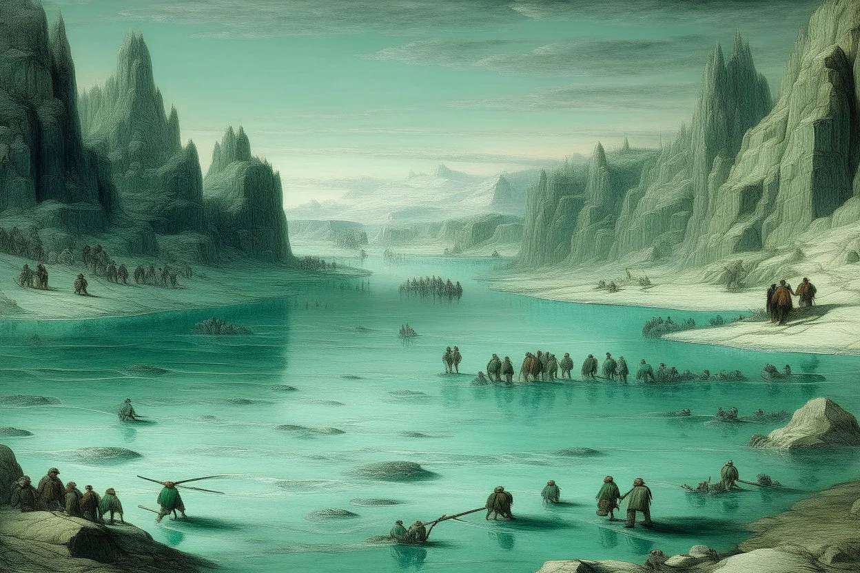A mint colored giant frozen lake painted by Leonardo da Vinci