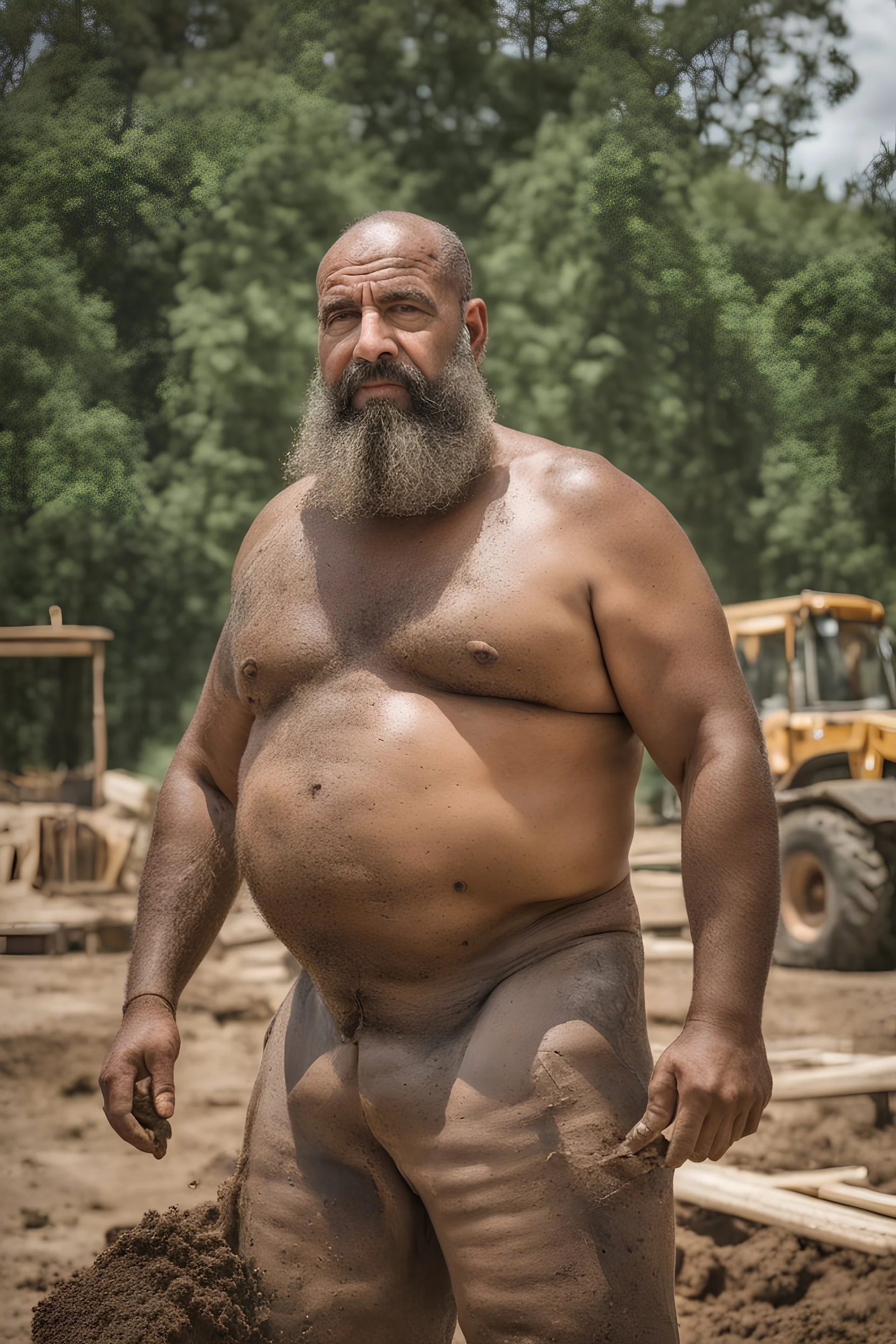 portrait shot photography of an ugly 48 year old chubby big robust burly arab carpenter working on the mud, dirty and wet, tattoo, wearing bulging shorts, shirtless, hairy chest, serious, very virile, short beard, curly hair,, , in a sunny construction work area, photorealistic , photorealistic