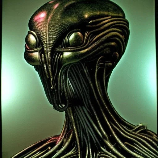 biomorphic alien morphed with electronic wiring and mixed with lighting, foto-realistisch,Nanopunk and Biopunk ,TG,8k, art by HR Giger.