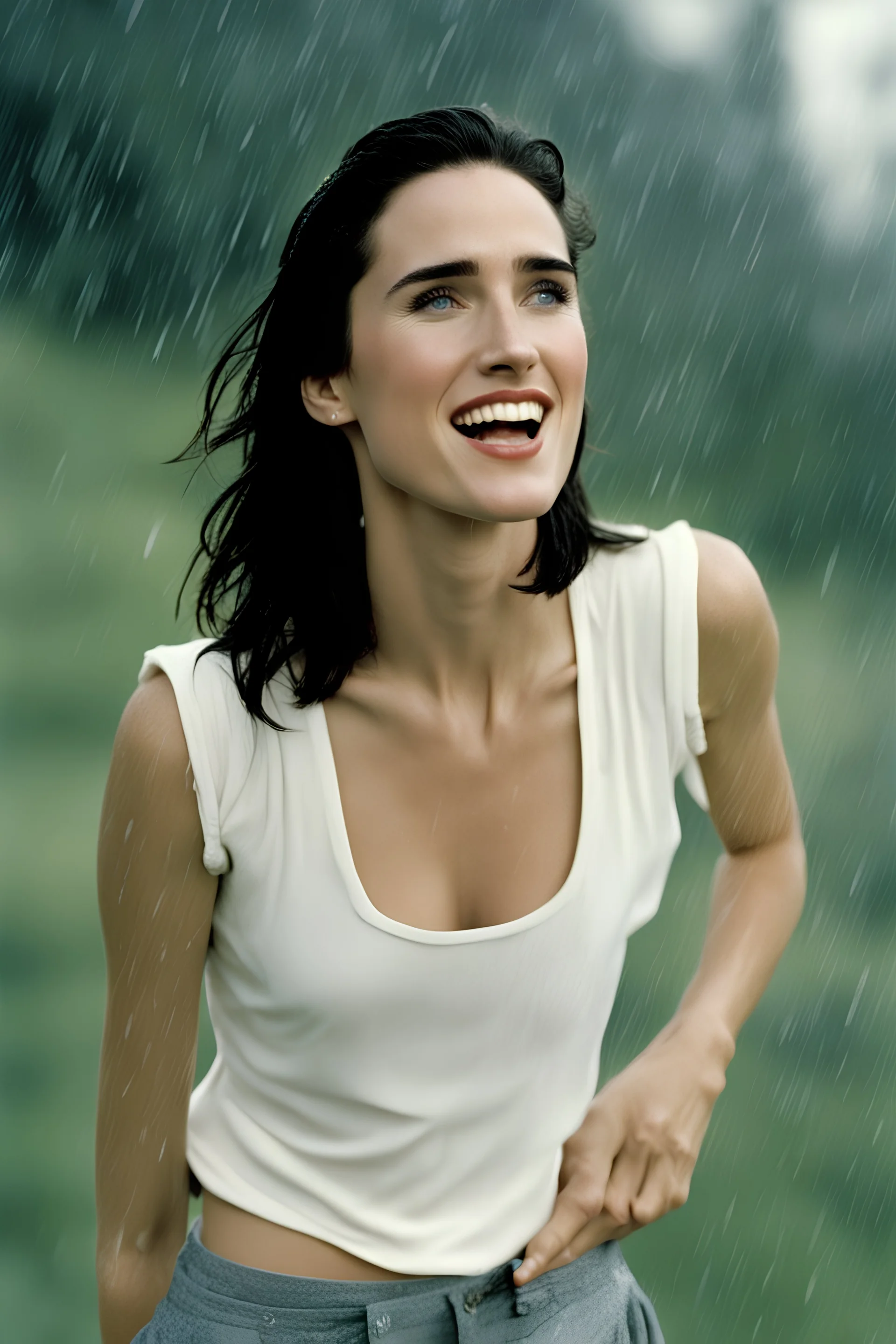 Beautiful 25 year-old Jennifer Connelly is standing outside in a rain shower, smiling, with no rain-coat, umbrella, or hat on, with her head tilted up toward the sky, her tongue sticking out and catching raindrops, as if reliving a pleasant childhood memory.