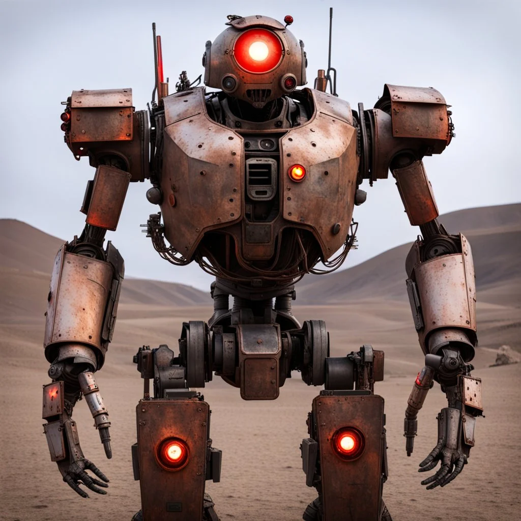 trash mech suit, human-sized, made of scrap metal, cockpit, light rust, round, one red glowing eye, loose wires