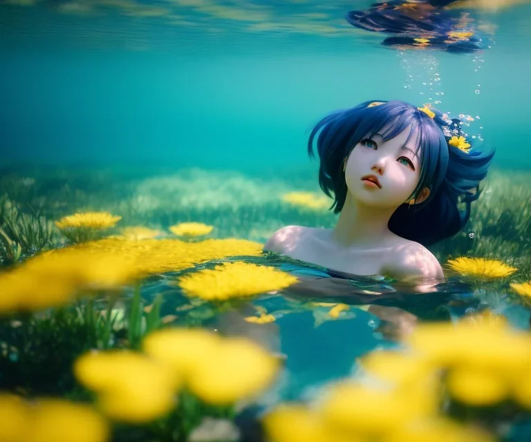 Anime girl underwater with yellow flowers for hair, closed eyes, rtx, reflection, 8k, glow, winning photography, caustics