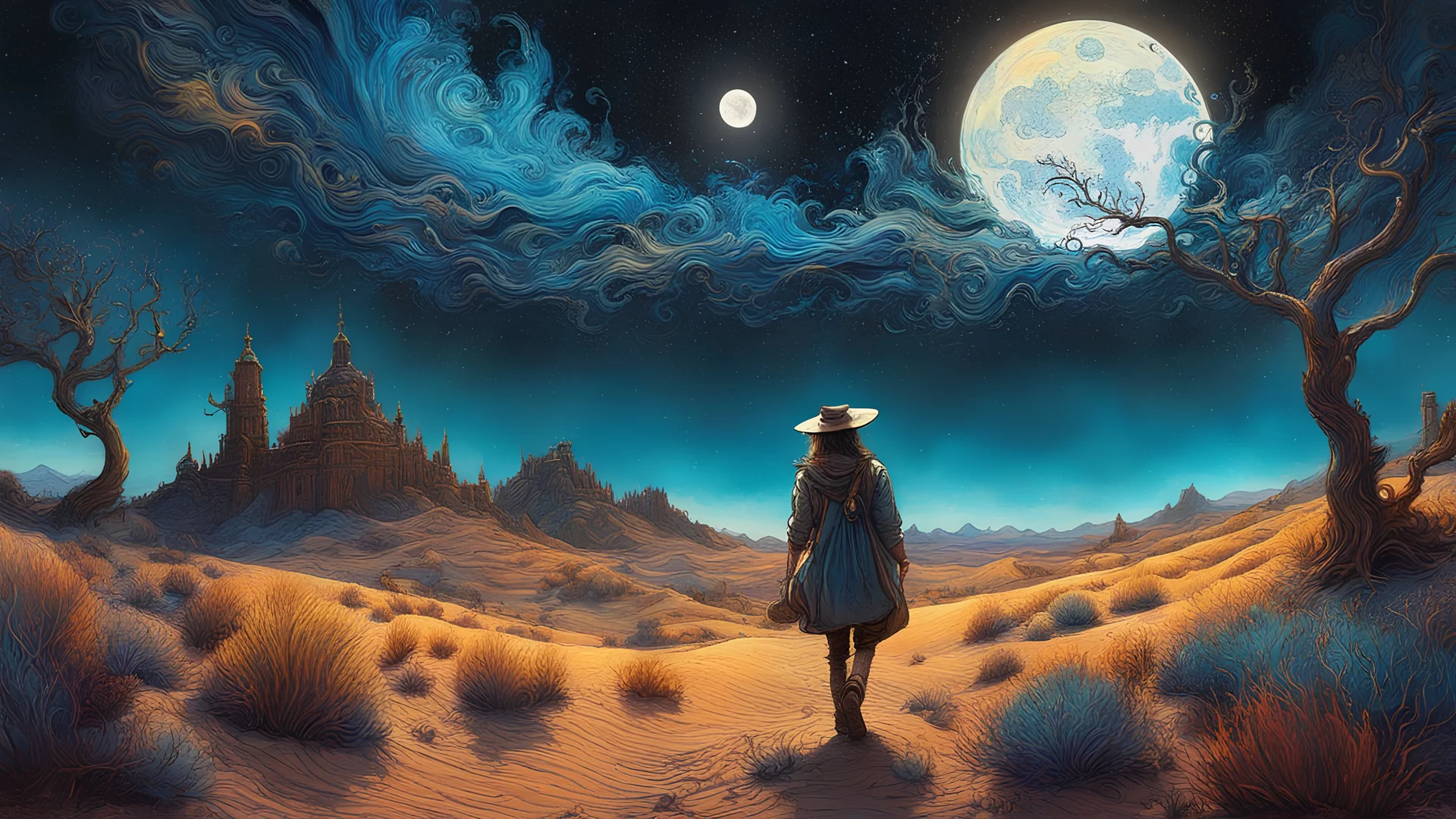 Carried Away By The Moonlight Shadow, Trending On Artstation, Psychedelic Art, Ultra Detailed Illustration, Intricate Vibrant Colors, Epic Illustration, 3 D Illustration,Splash art, desert background" by Van Gogh. Pop Surrealism , 8k, Whimsical, Intricate . By Jean Baptiste Monge, Carne Griffiths, Ray CaesarDariusz Klimczak, surreal hallucinatory intricately detailed sharp focus"