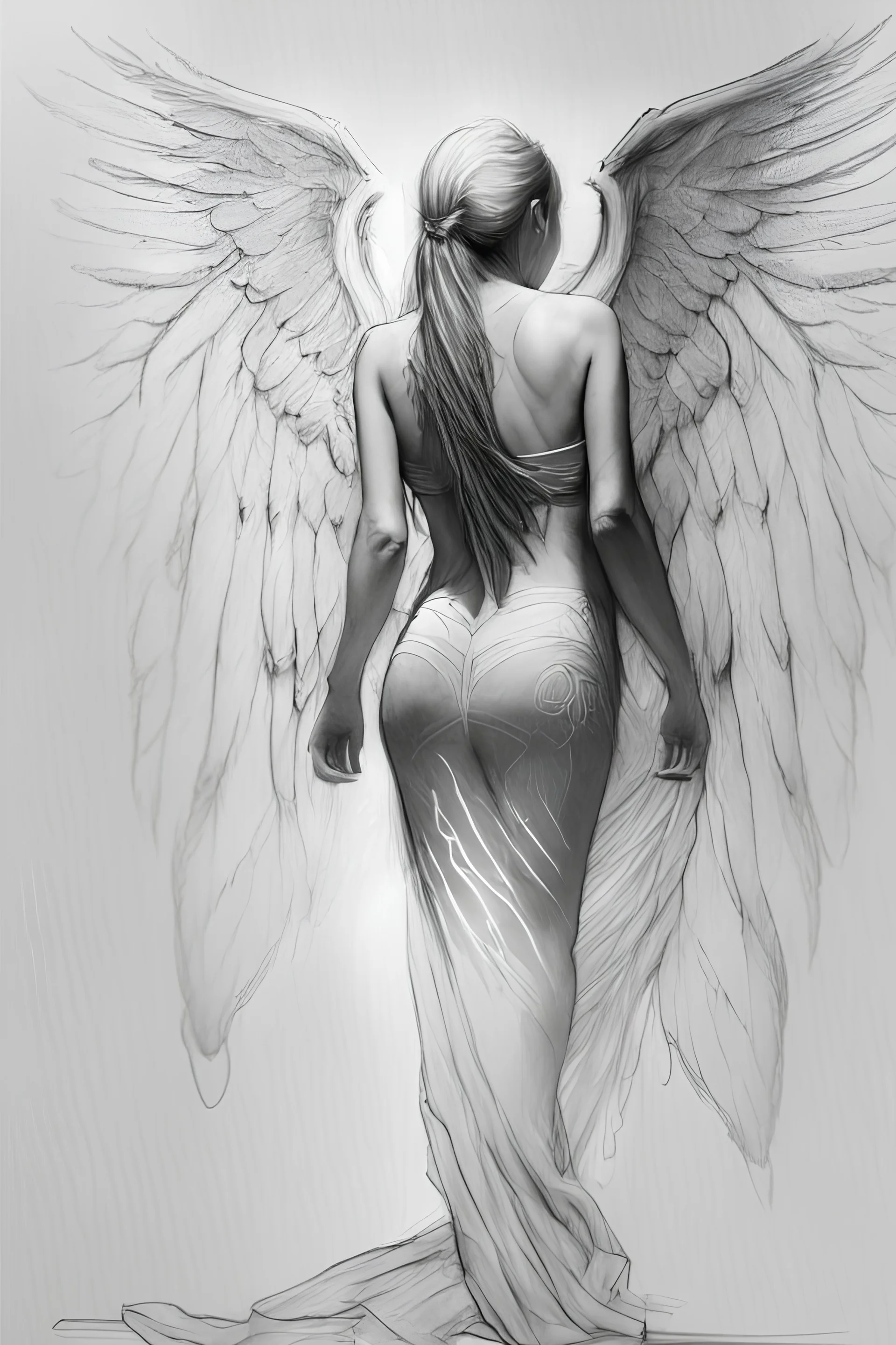 full body woman angel from back wings coming from her back wearing tunic ultra realistic sketch