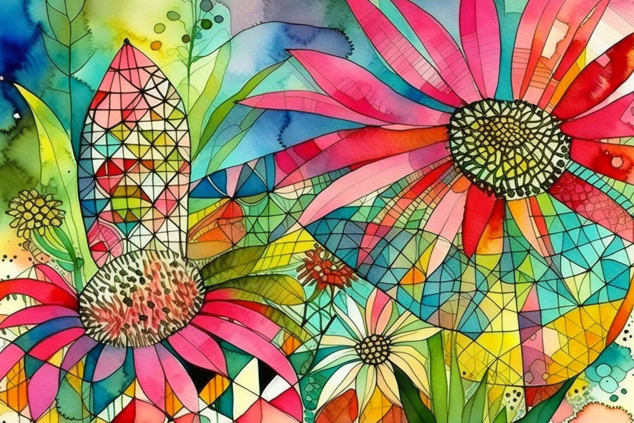 Create a surreal abstract watercolor and ink painting of an Echinacea in a garden. In the style of Paul Klee, Picasso, Matisse. Geometric. Map like qualities. Modifiers: elegant intricate beautiful high detail high definition crisp quality colourful zentangle