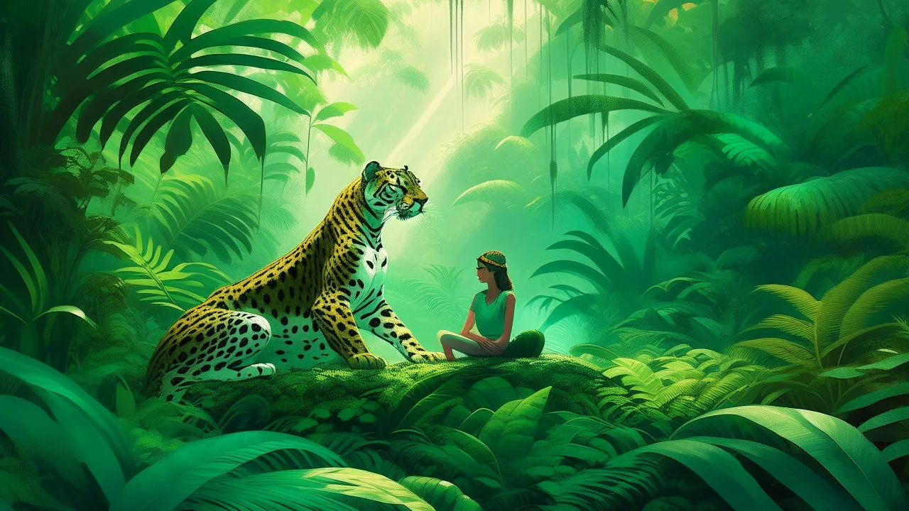 The image features a lush, green jungle scene with dense foliage. A leopard is positioned next to a person sitting amidst the vibrant plants, creating a sense of harmony between human and wildlife in a natural setting. The atmosphere is serene, enhanced by the mist that adds depth to the scene.