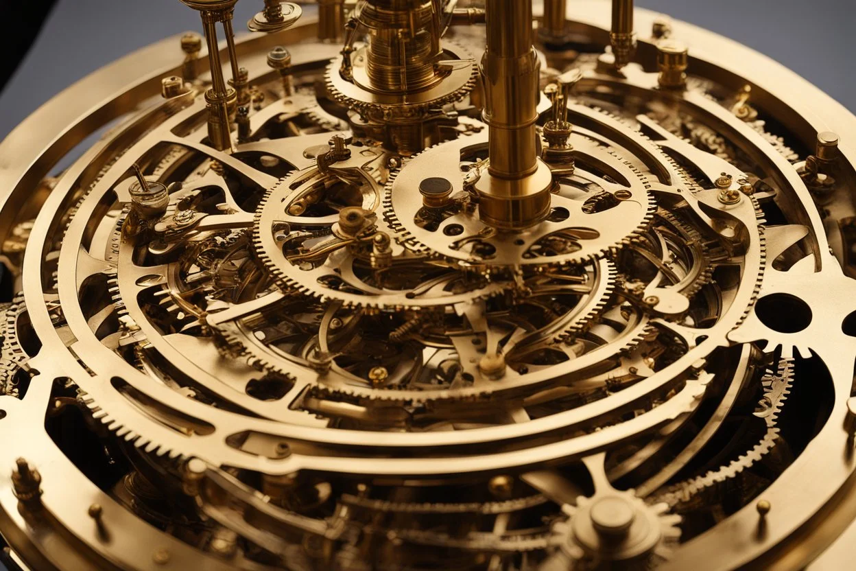 Art Nouveau steampunk orrery, with clockfaces, cogs, springs, polished brass