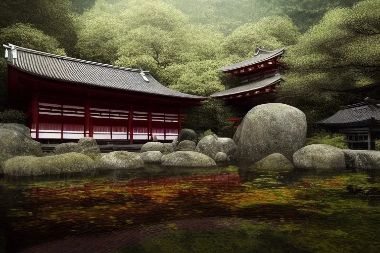 a ancient japanese temple in the middle of a forest mear a small river, extremely highly detailed, high quality, 8k hdr, octane render, unreal engine 5, hyperrealistic, concept art, trending on artstation, dramatic lighting, cinematic, high coherence, path tracing, ruins, clouds in the sky, singular building, centered