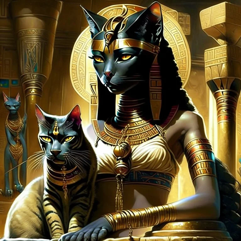 scene from Egyptian mythology. The cat goddess Bastet. She has the body of a woman and the head of a cat.