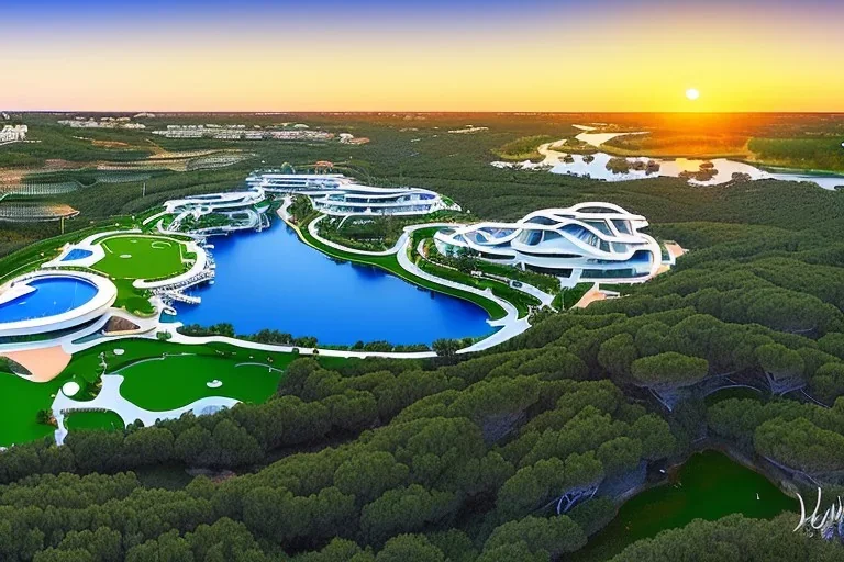 Sunset algarve in quinta do lago, one straight line building of 250 meters long modern luxury architecture with pool on rooftop, with green roofs and sun loungers next to pool, overlooking a tennis and padel sport facility and inserted in the Ria Formosa Natural park, on a slope with pinus pinea, a wrap around low speed veicular road