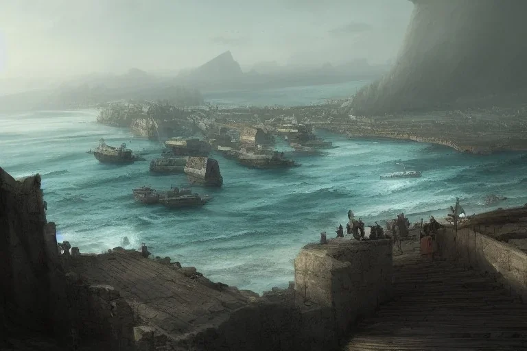 a coastal city perched on a cliff overlooking a magnificent bay, it has a long white stone pier with cargo ships, fantasy digital painting by greg rutkowski, fantasy, digital painting, greg rutkowski, fantasy artwork