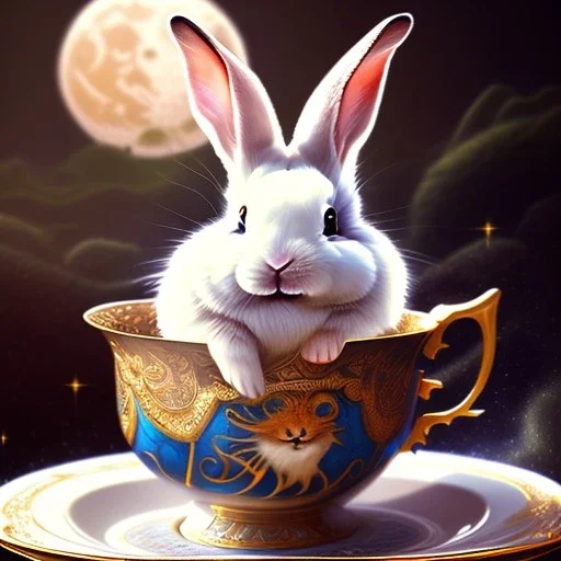 laughing bunny king , dreaming of the moon and stars and flying candles, drinking warm tea surfing waves on a teacup,misty fantasy art, book cover