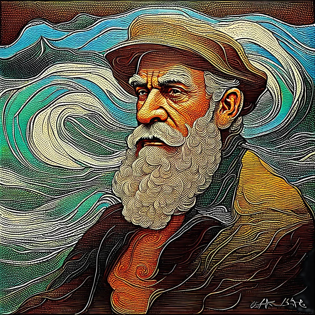 impasto oil painting of an old mariner, thick sculptural brushstrokes, swirling textures, golden beard flowing into stormy ocean, expressive portrait style, vivid ocean blues and greens, emotional and textured, expressionist painting --v 7 --style raw --ar 4:5 --q 2