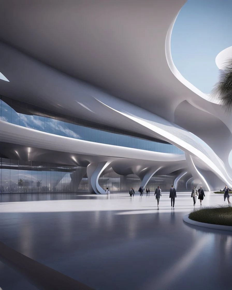 Zaha Hadid style international airport, outside view, unreal engine 5, concept art, art station, ray tracing, RTX, ultra detail, volumetric lighting, 3d