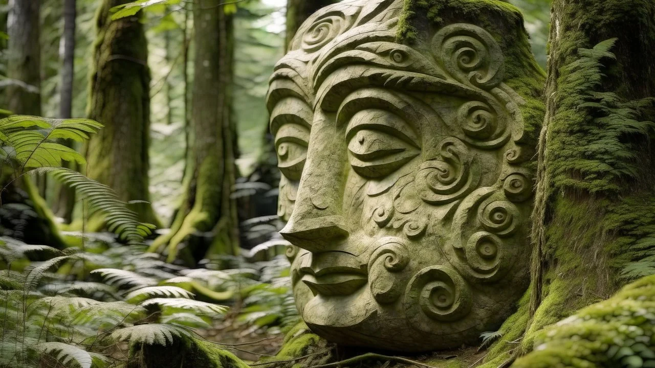 large stone carving of a face in the forest