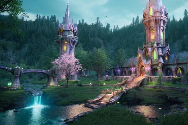 Immersive​ Magical fantasy elven town city tower forest rivendell tree flower pink green yellow beautiful nature river 4k full hd