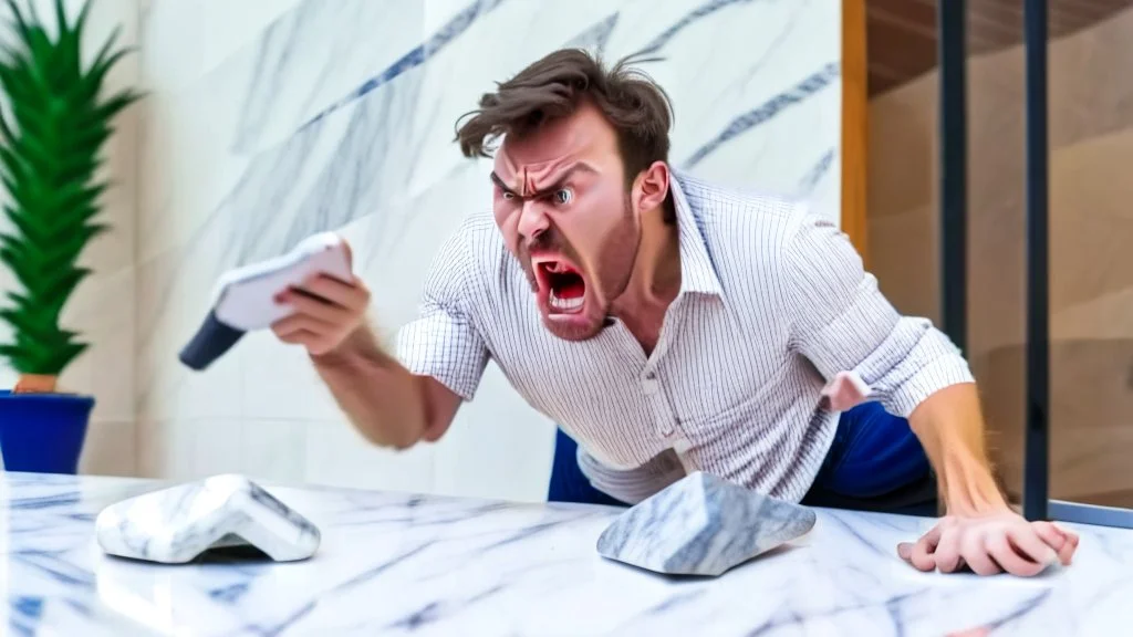 angry guy on phone at marble tabletop pointing at missing delivery