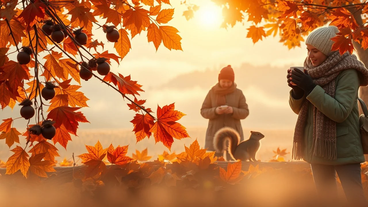 Autumn: falling leaves, chestnuts, acorns, berries, Misty mornings, fog over distant fields or forests, sunshine; people wear scarves, woolly hats, gloves, steaming hot drinks; birds migrating, squirrels gathering nuts, rabbits, beautiful colours, atmospheric. Award winning photograph.