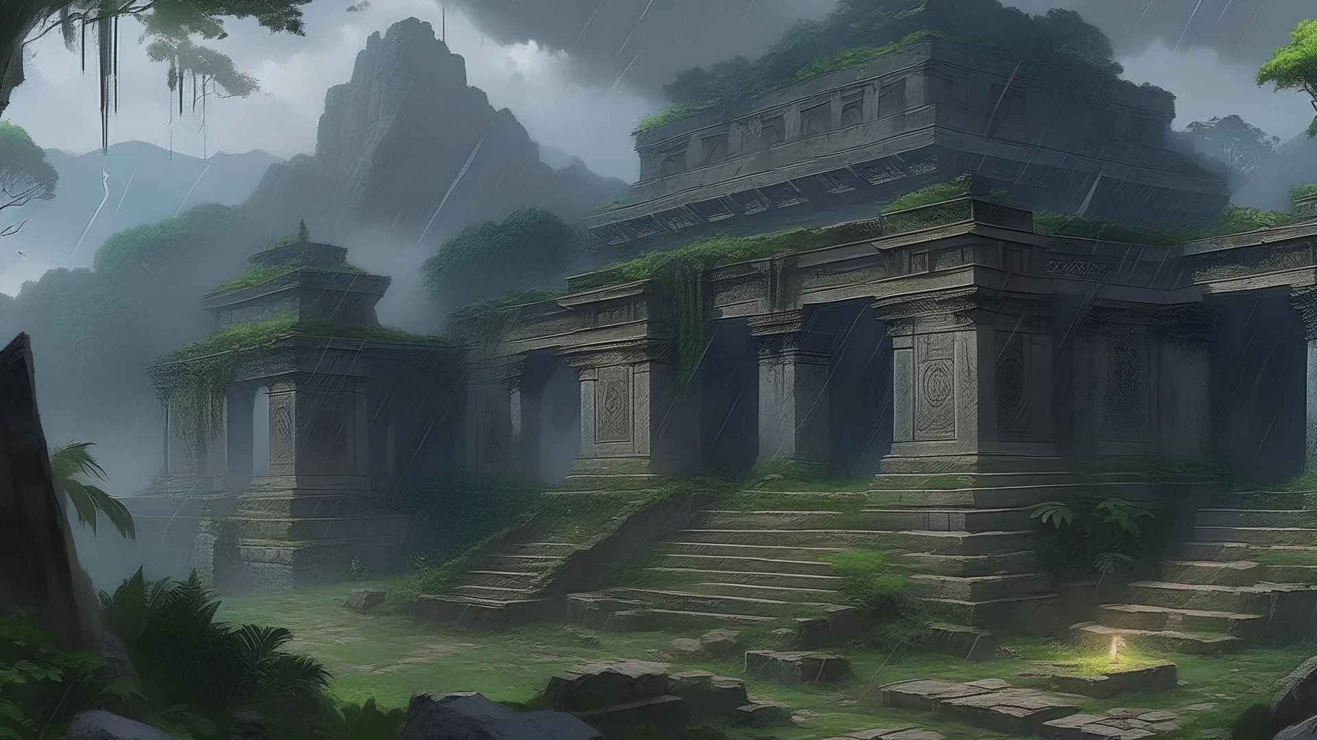 The ruins of a stone village in the midst of rain and thunderbolts in the jungle