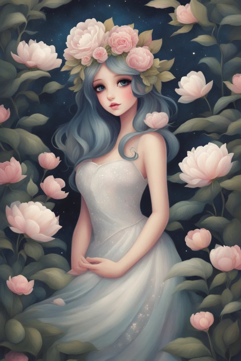 Painting of a beautiful girl, beautiful, flowers on her head, dress, young girl, digital painting, fantasy art, pretty face, inspired by Jeremiah Ketner, illustration, anime portrait, barbie face, big eyes, bright eyes, dream, trees, white background, dark night, song, white background, fantasy, high quality, 8k