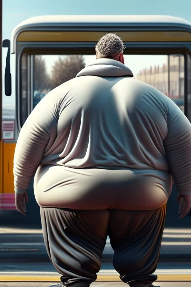 full figure shot back view of a fat guy , timid 45-year-old italian chubby in tracksuit, big buns, at bus stop photorealistic, ambient occlusion, sunlight