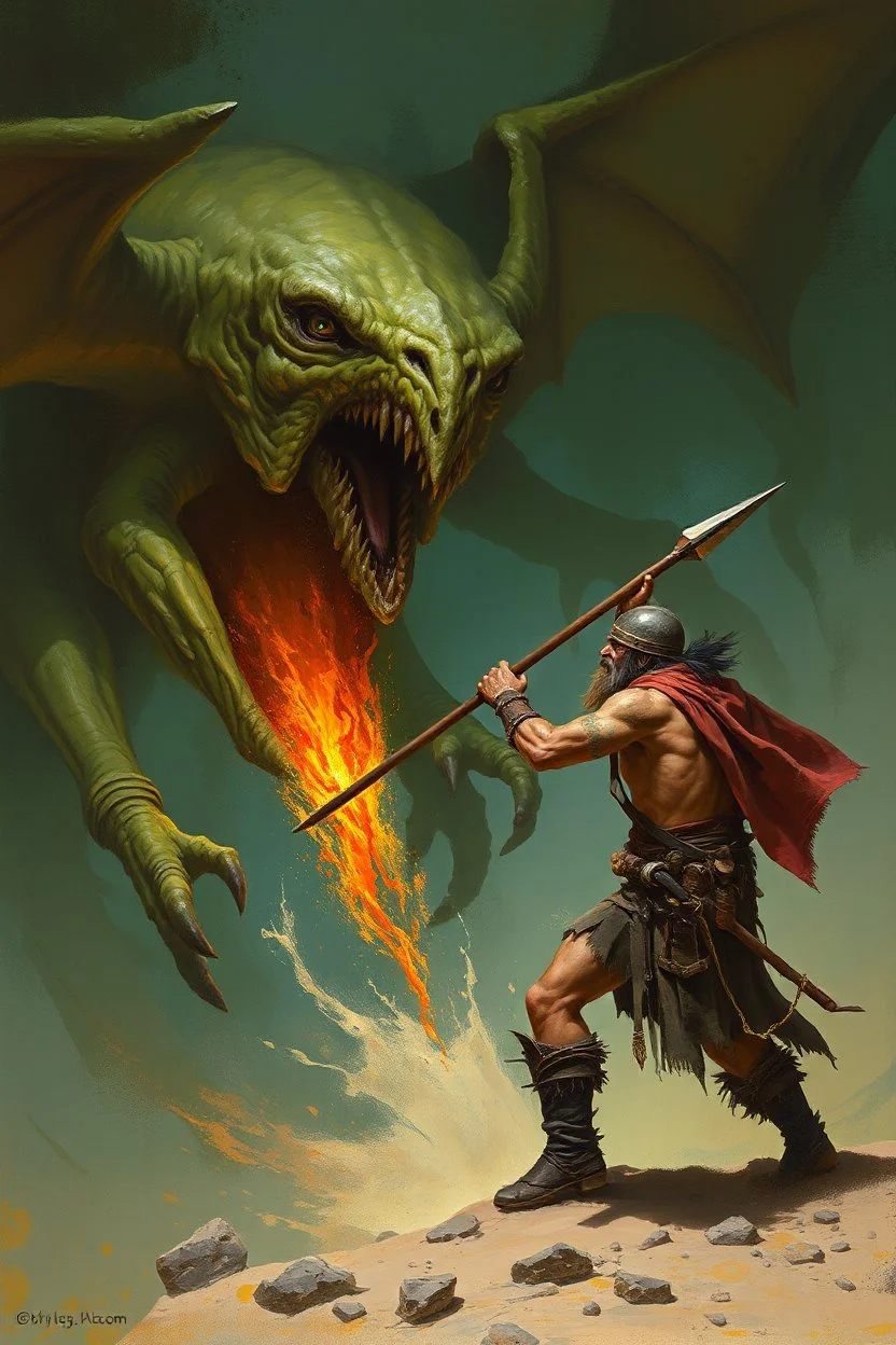 A worrier holding a spear attacking a creature from another world, Busch painting style