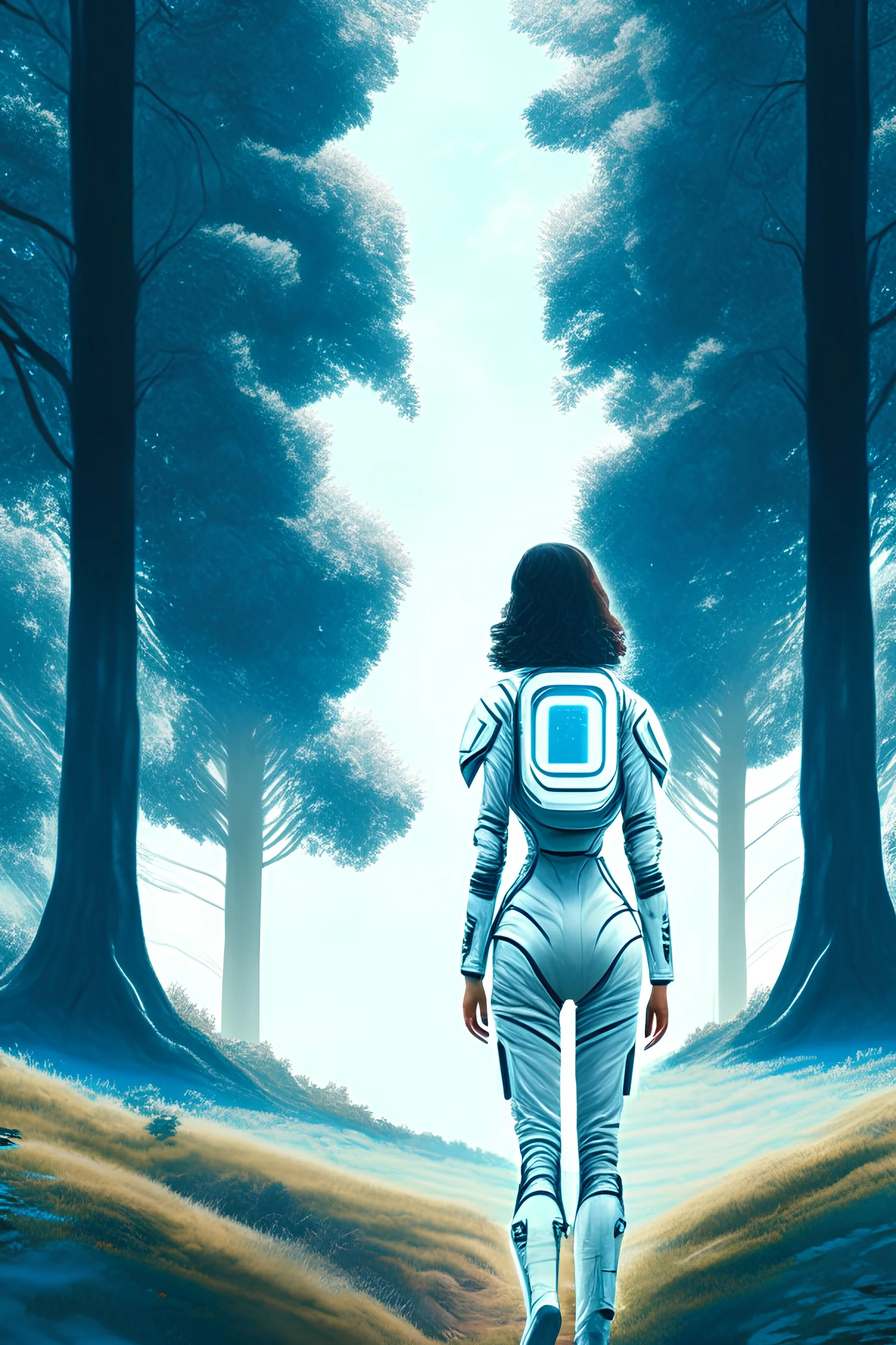 woman in a skin-tight silver spacesuit, facing away, standing under a spaceship, on a path, wooded landscape in the distance, blue sky