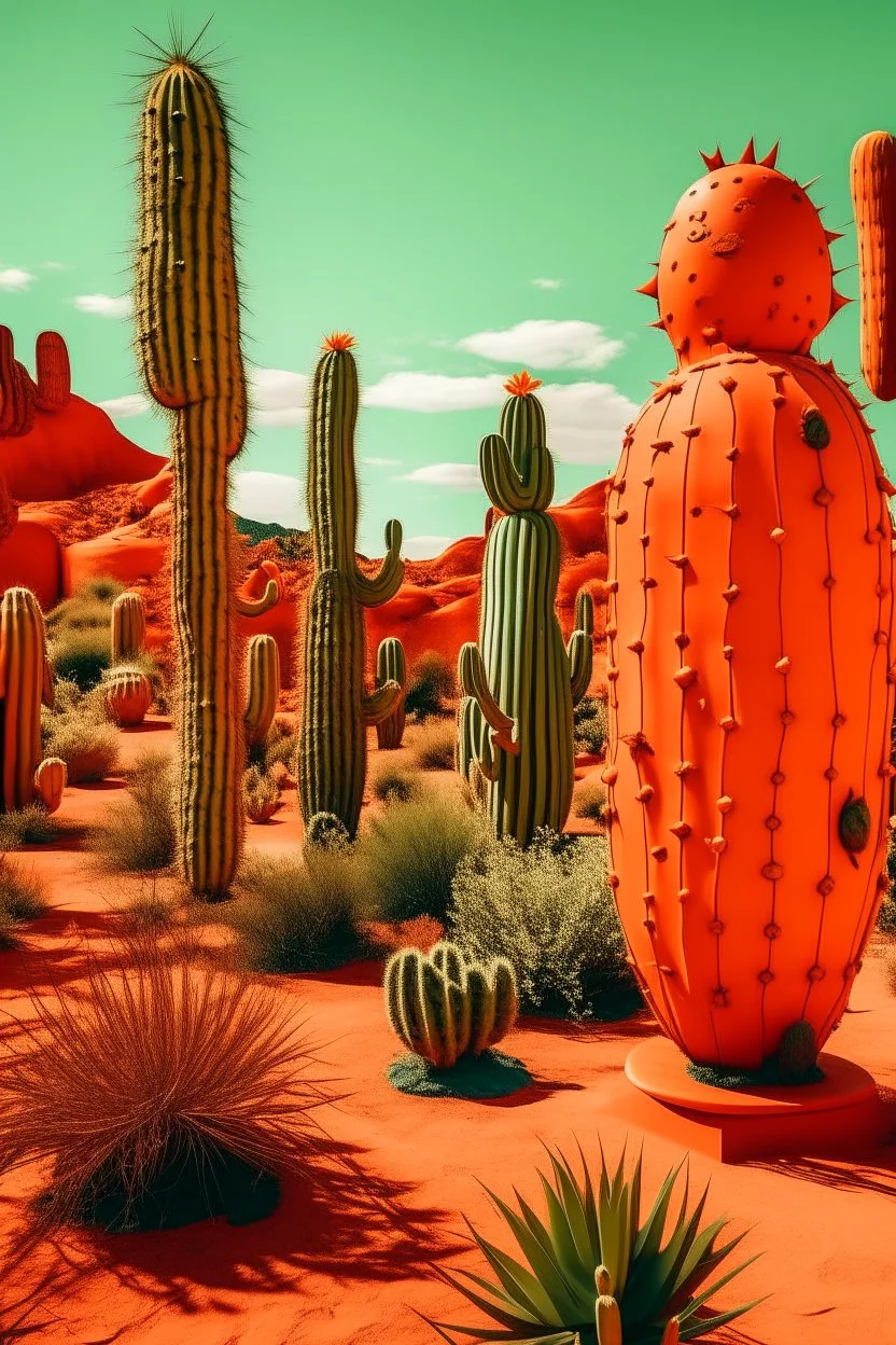 An orange colored desert with cactuses designed in African masks painted by Salvador Dali