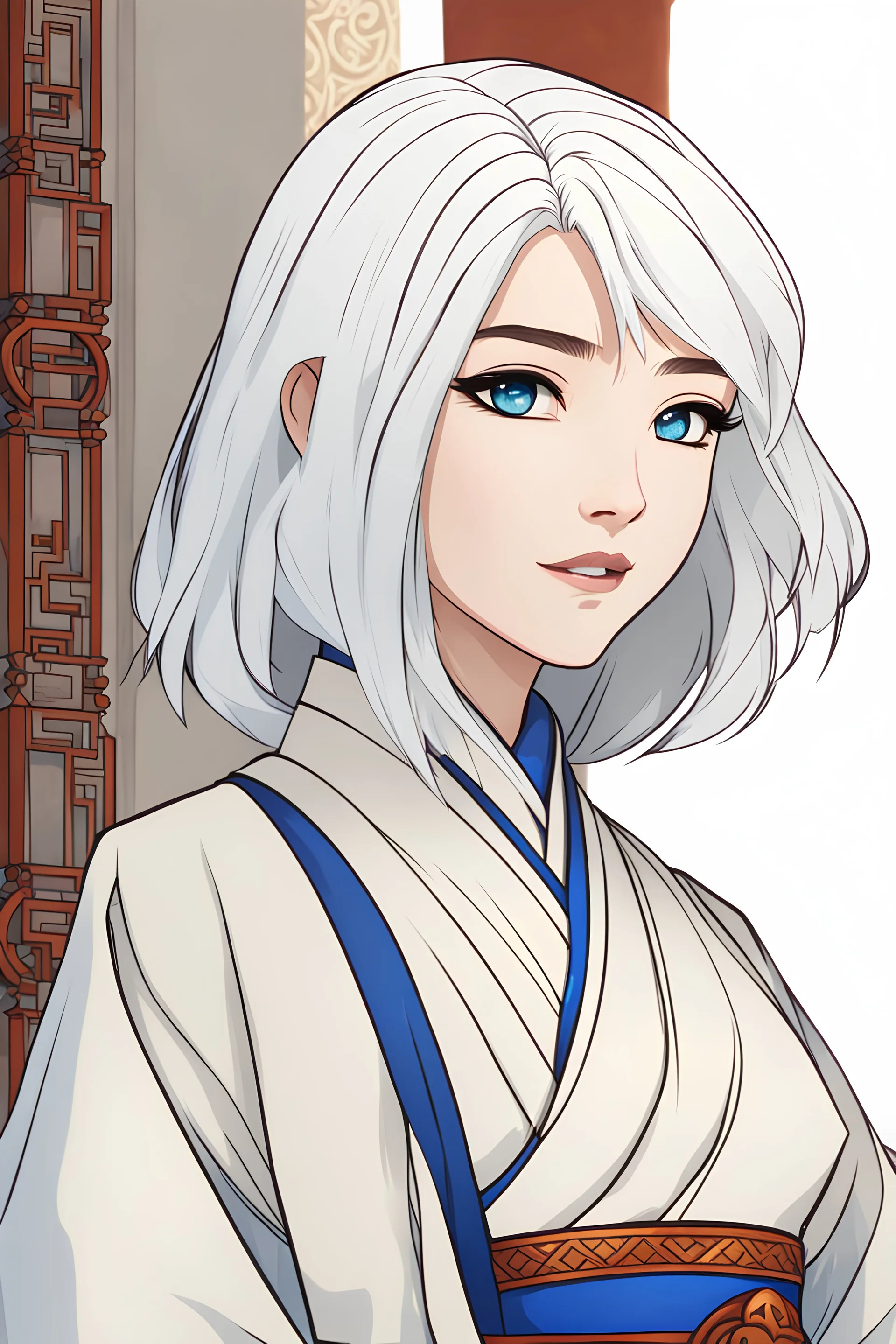 Young woman white hair, bob haircut, vivid sapphire blue eyes, cream-colored warrior monk clothes, smirking, grinning, Oriental background, RWBY animation style