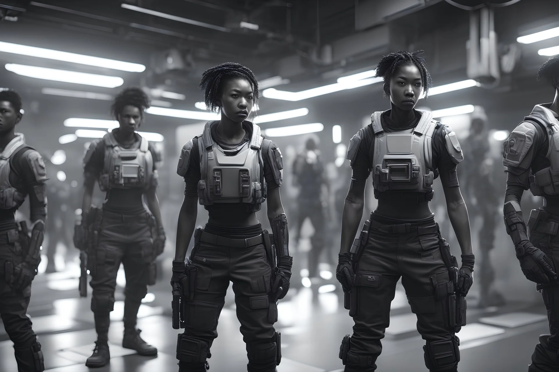 recruits in training, black white hispanic japanese,16k, 3d rendering, expressively detailed, futuristic, cyberpunk, dynamic light, expressive lighting,