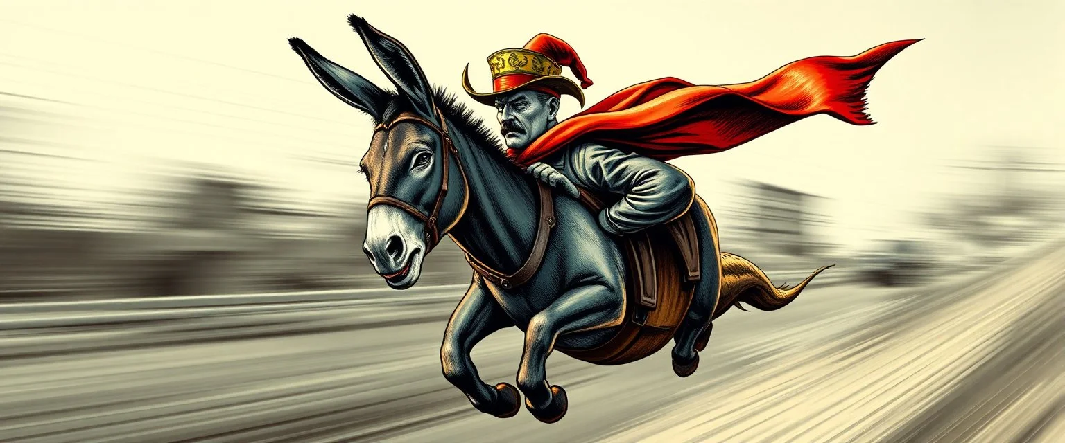 Political propaganda poster for Mexican farmer Hitler on fast superhero donkey, airbrush and pen outline, motion blurred background